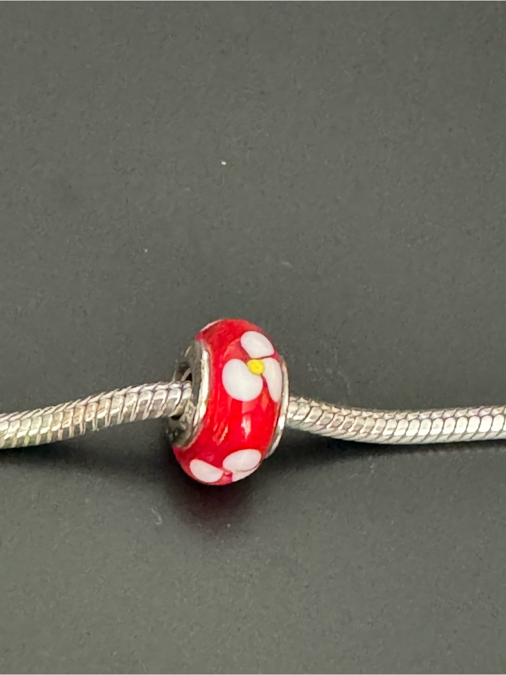 Pandora Retired Red Flower Murano Glass Charm Bead with White Petals